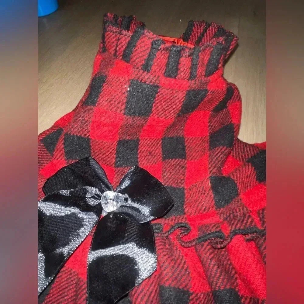 HOLIDAY DOG DRESS BUFFALO PLAID RUFFLE HEM W BIG BOW & GEMSTONE FOR SMALL DOG - Picture 6 of 12